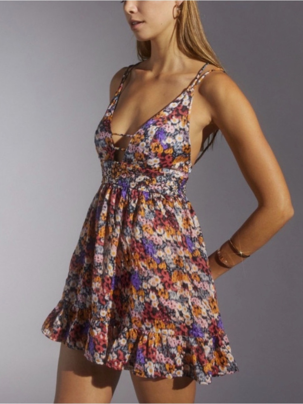 Urban Outfittters Strappy Ruffle Floral Minidress Pockets Flirty Feminine Sz S